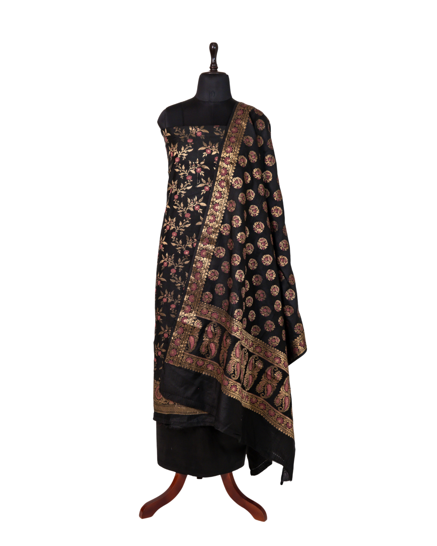 Black Banarasi Chiniya Silk 3-Piece Suit Set with Meenakari Floral Weaving