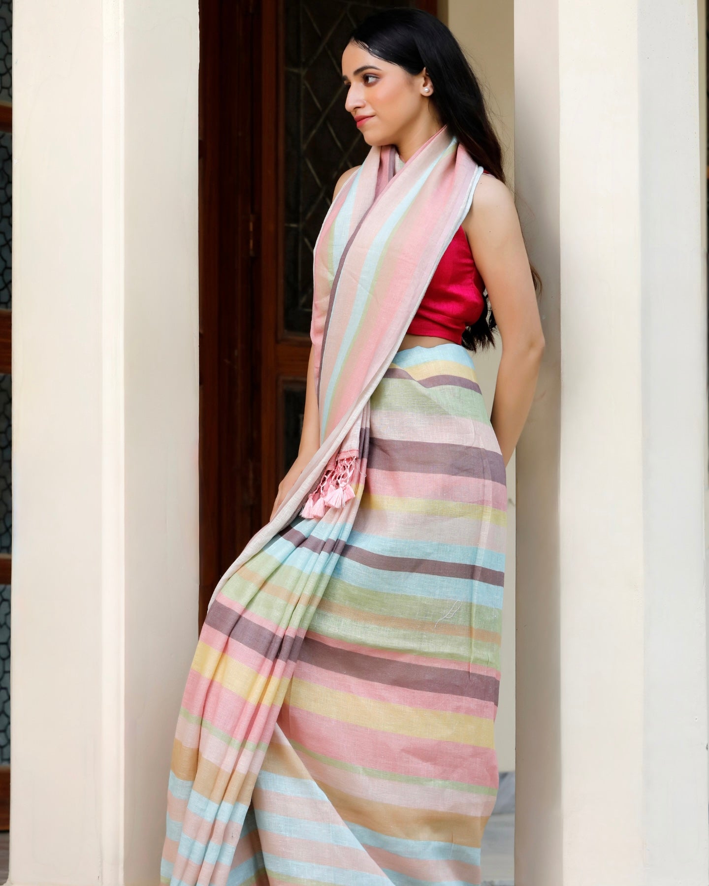 Multicolour Striped Linen Saree