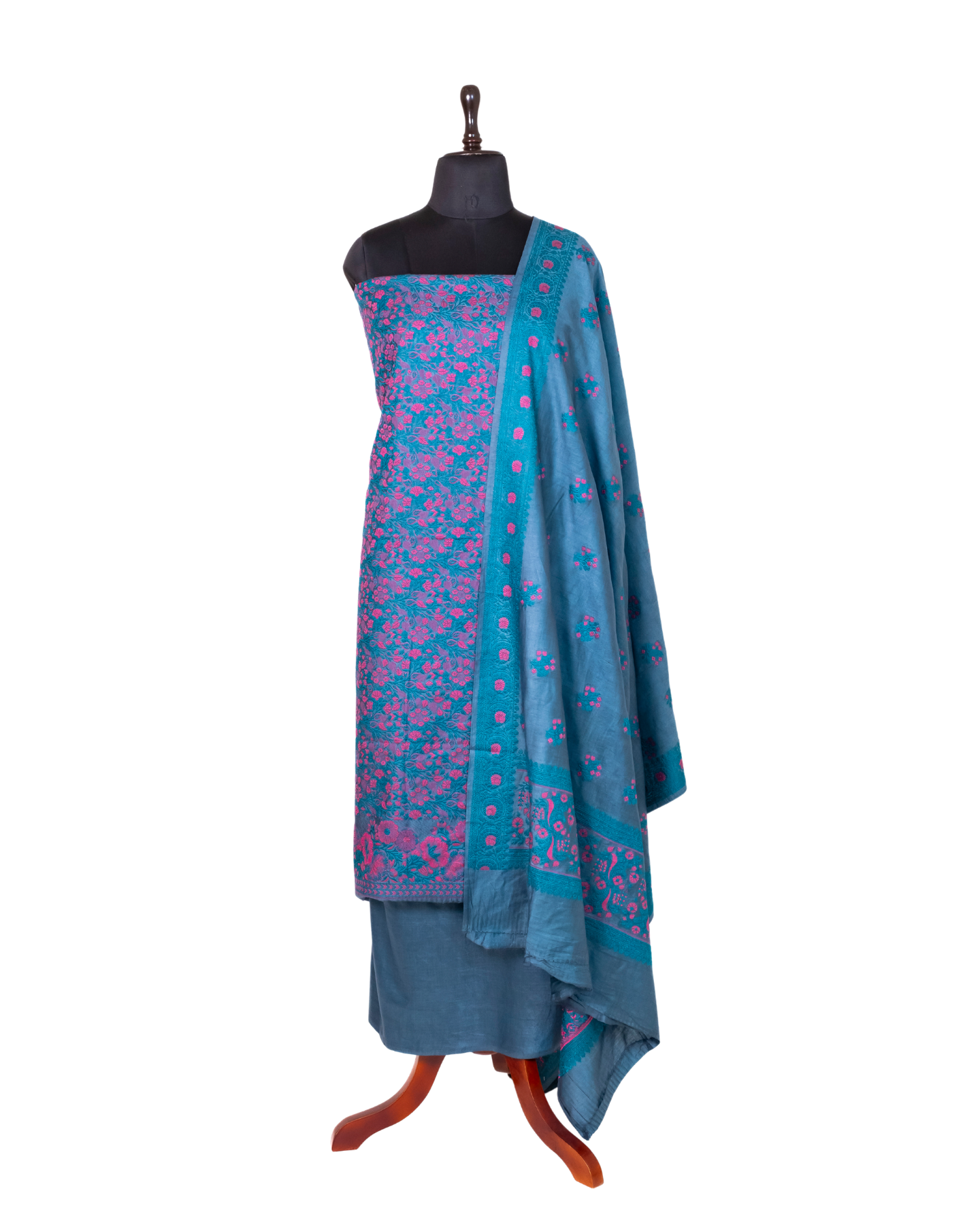 English Blue Banarasi Chiniya Silk 3-Piece Suit Set with Jaamdani weaving
