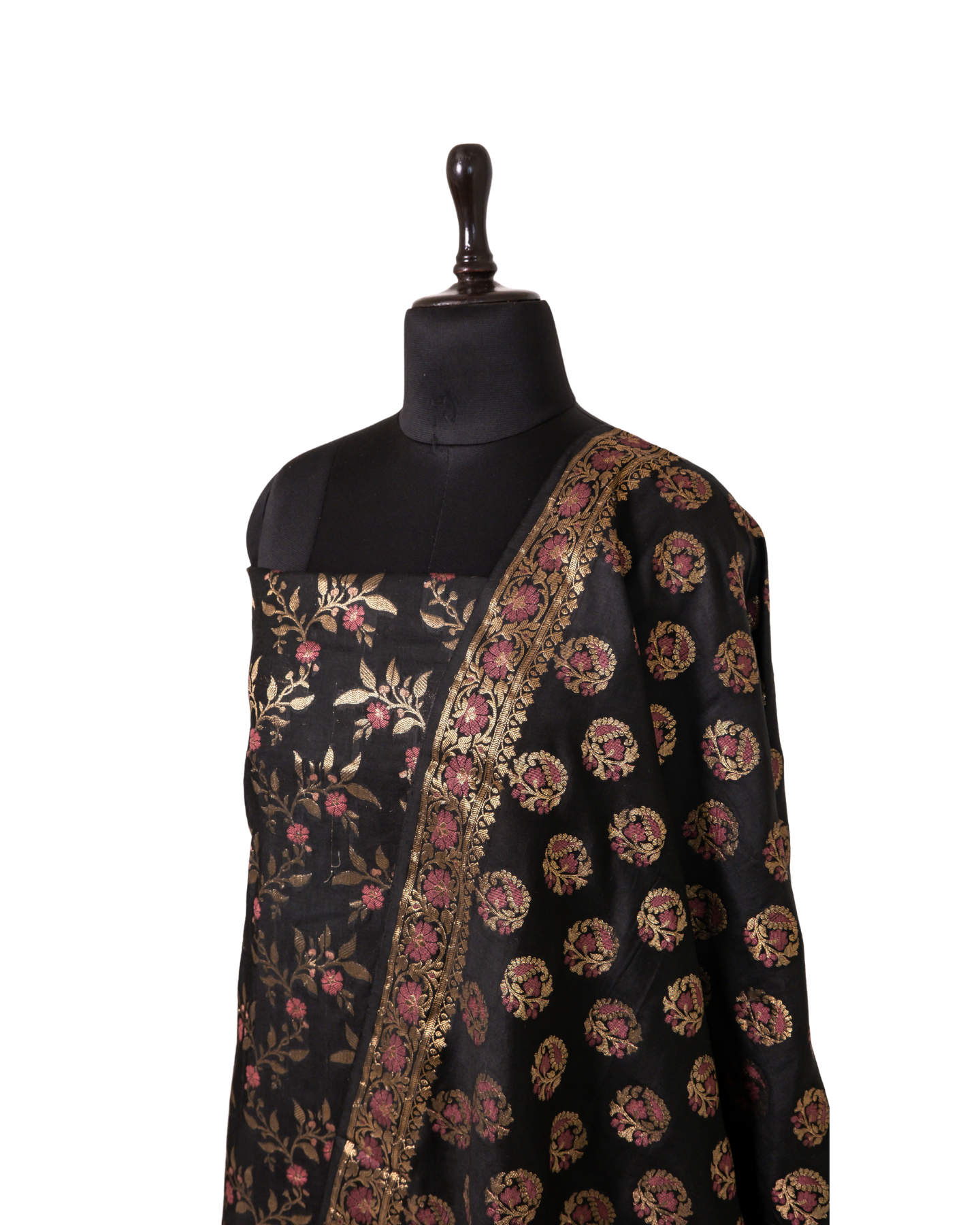 Black Banarasi Chiniya Silk 3-Piece Suit Set with Meenakari Floral Weaving