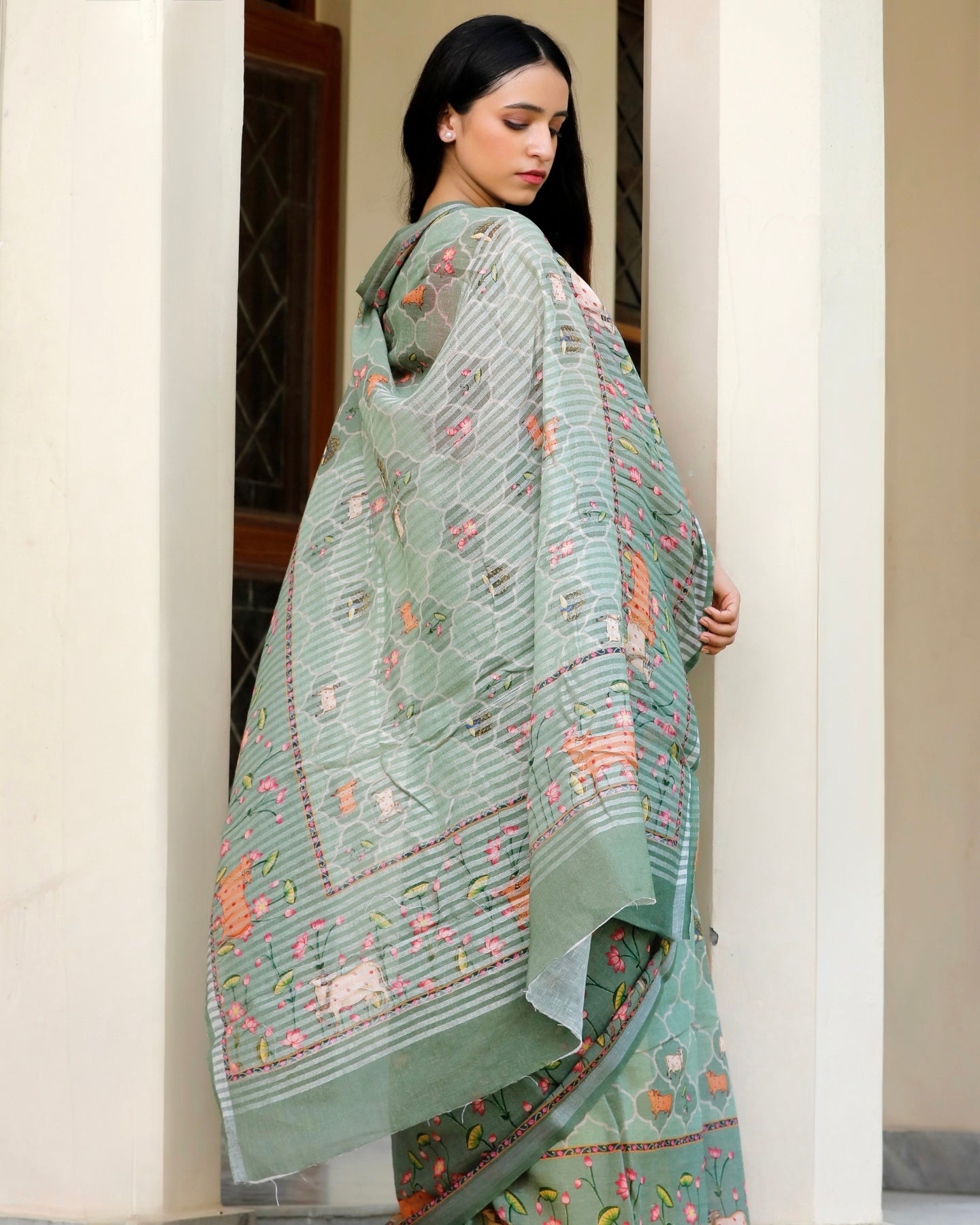 Leaf Green- Pichwai Art Linen Saree in Earthy Tones