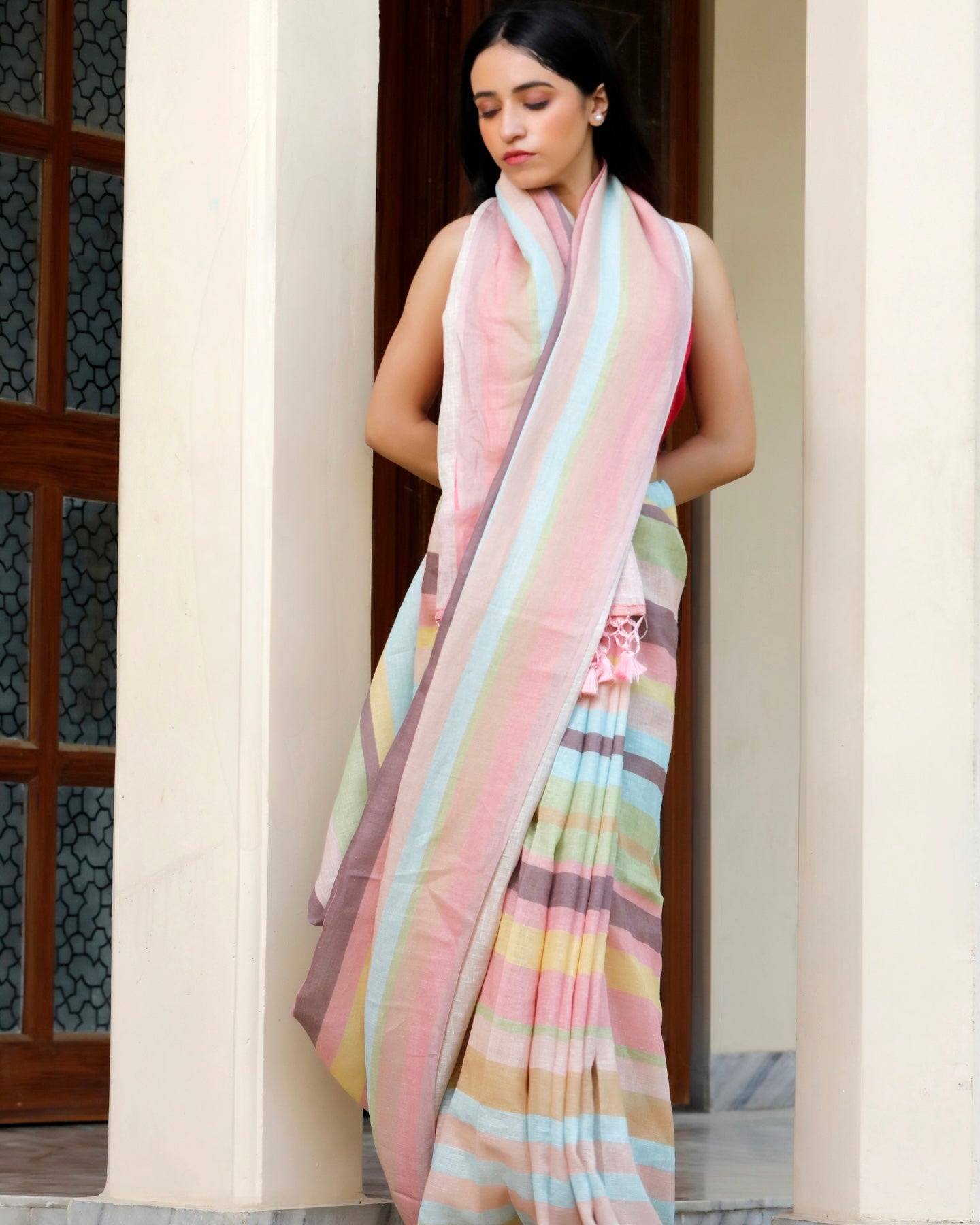 Multicolour Striped Linen Saree