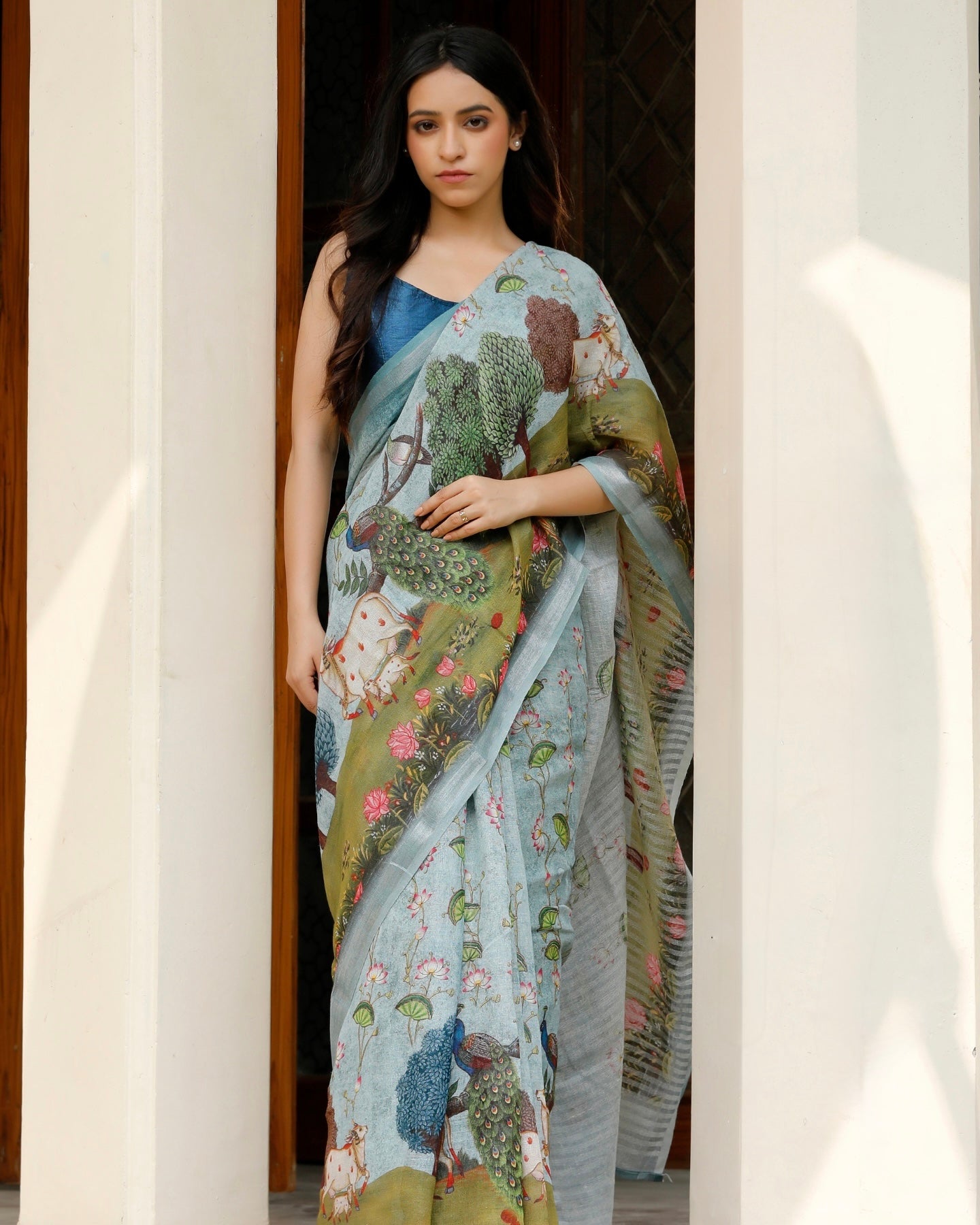 Smoky Blue Pichwai Floral Linen Saree