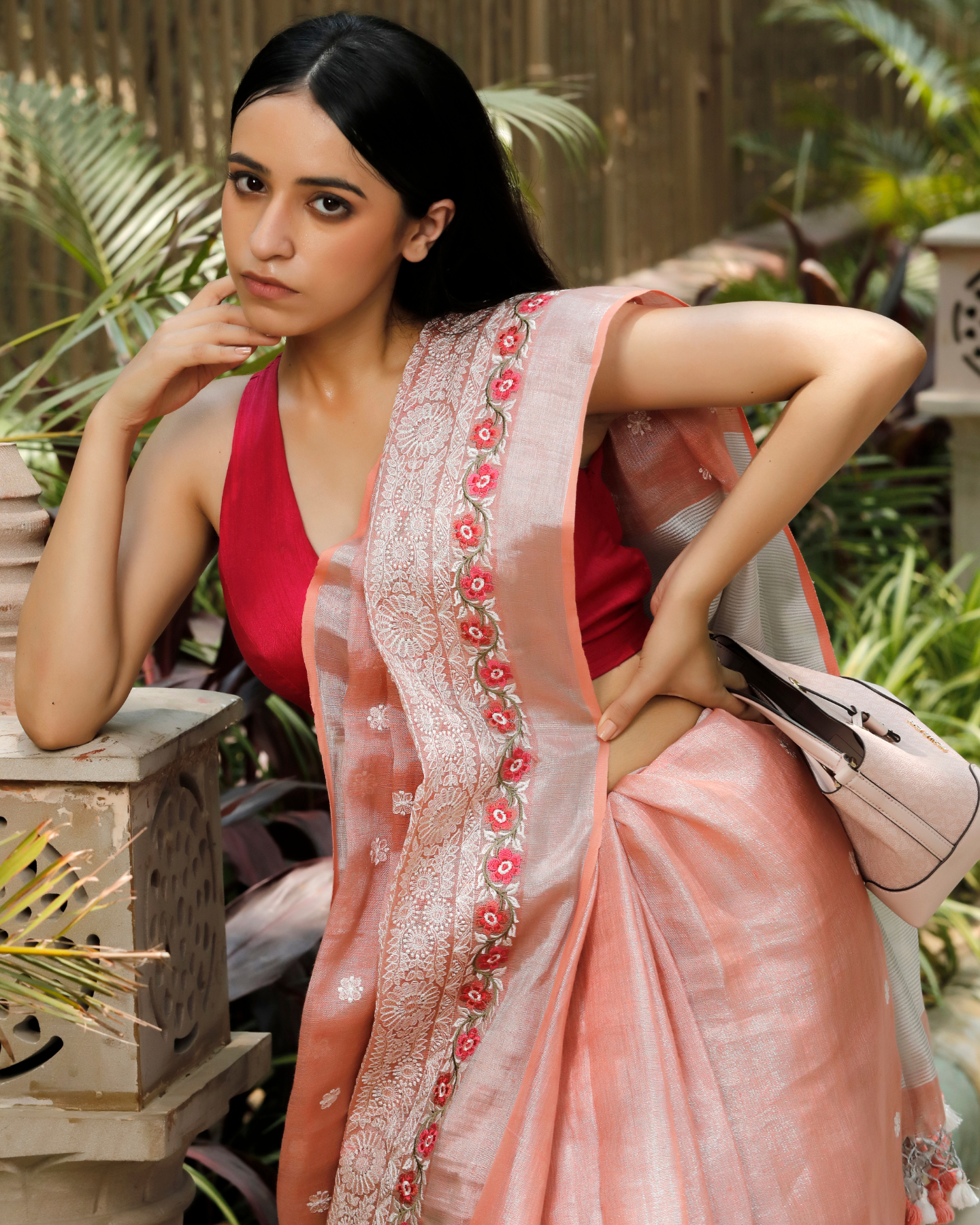 Peach Linen-Tissue Saree with Floral Embroidery
