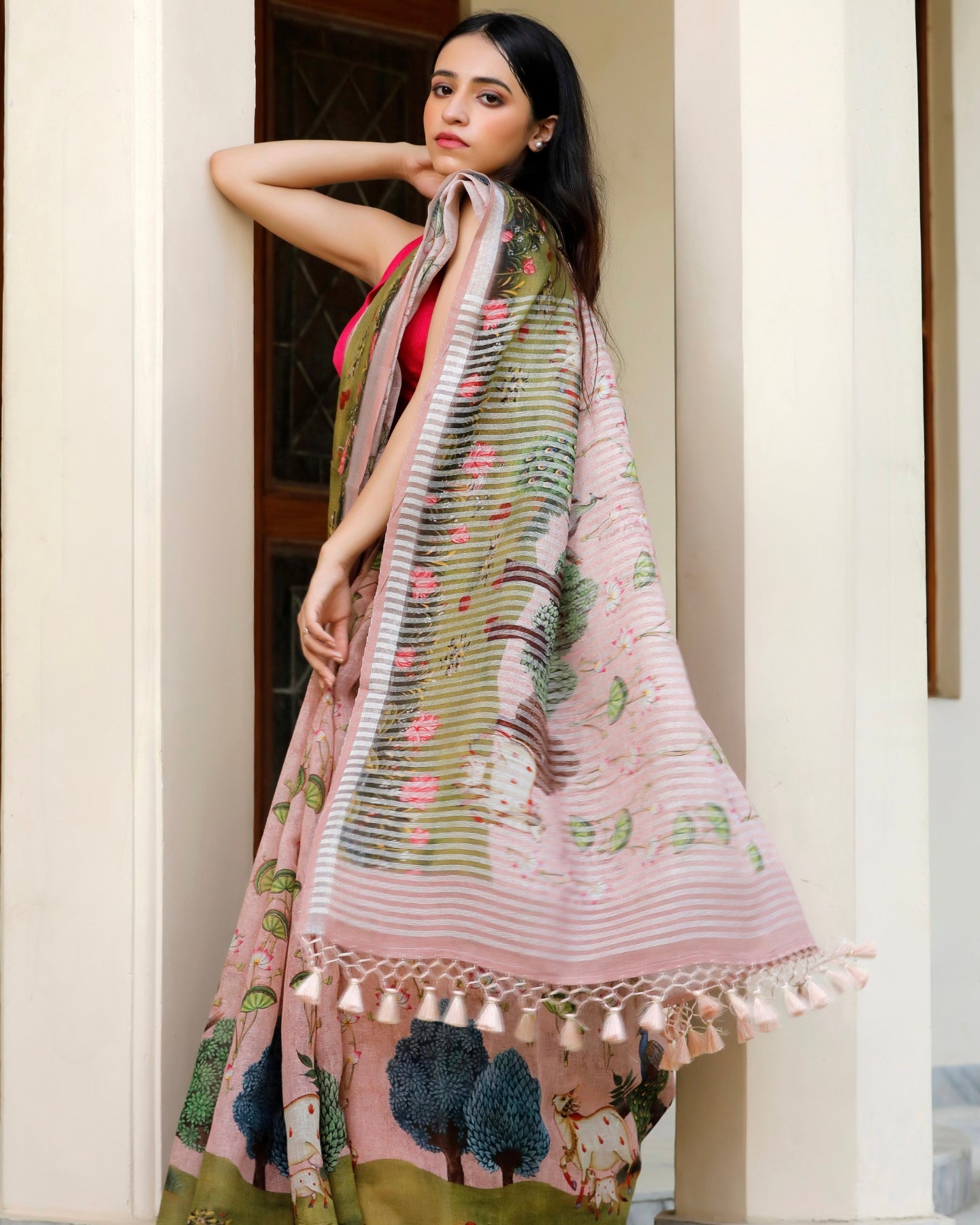 Baby Pink Pichwai Floral Linen Saree