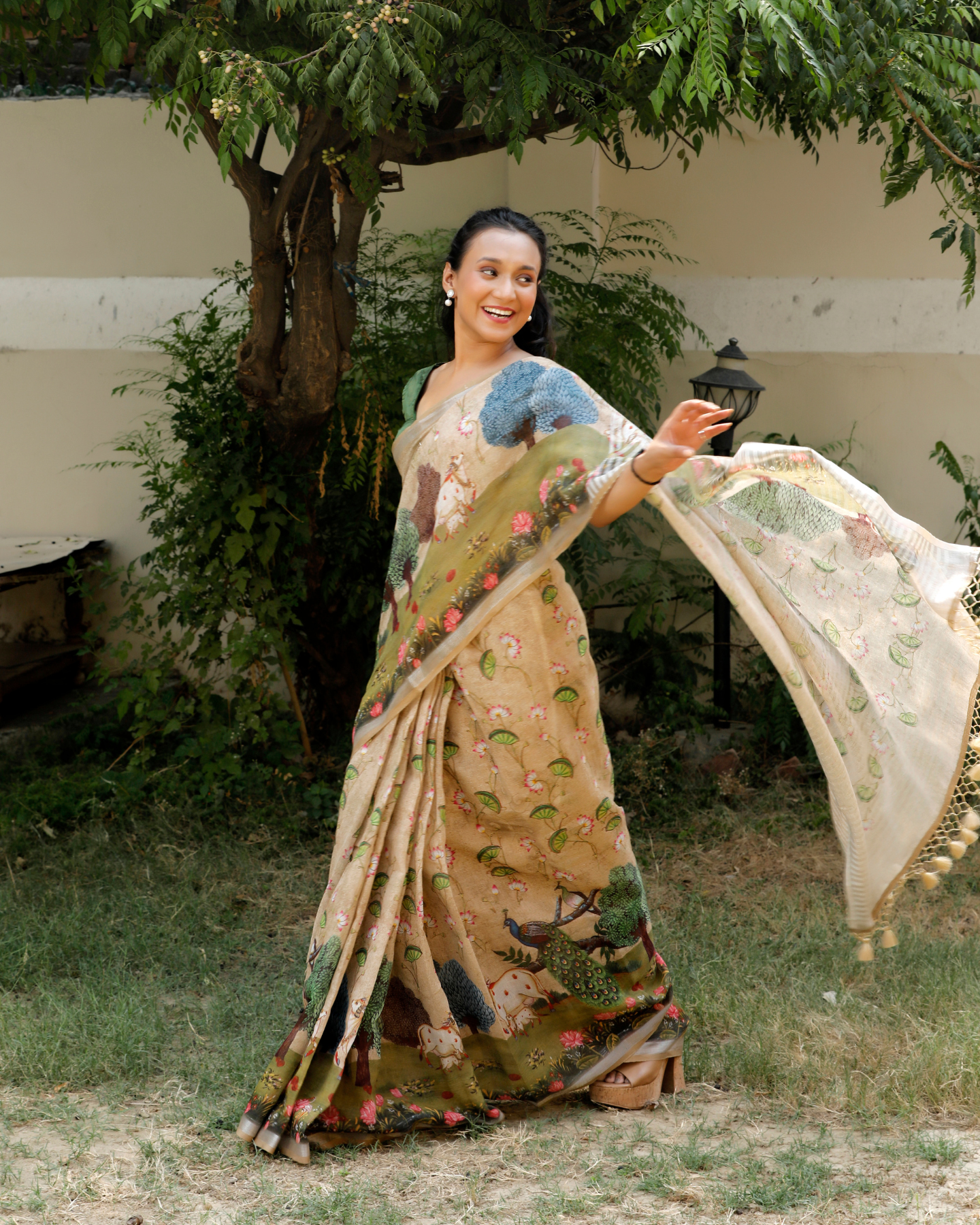 Olive Green Pichwai Floral Linen Saree