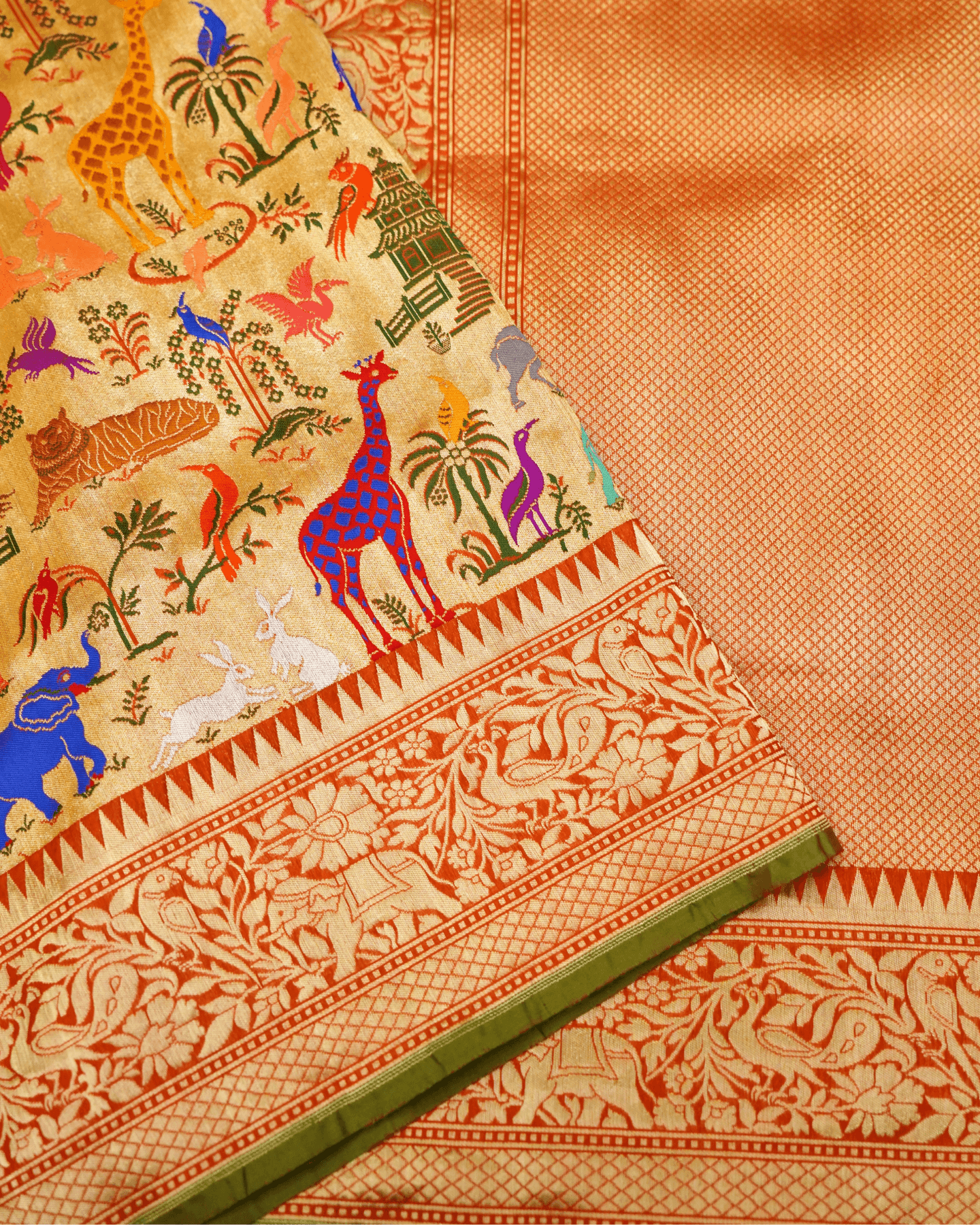 Baagh Baithak - Rust Gold Pure Banarasi Shikargah Katan Silk Handwoven Saree