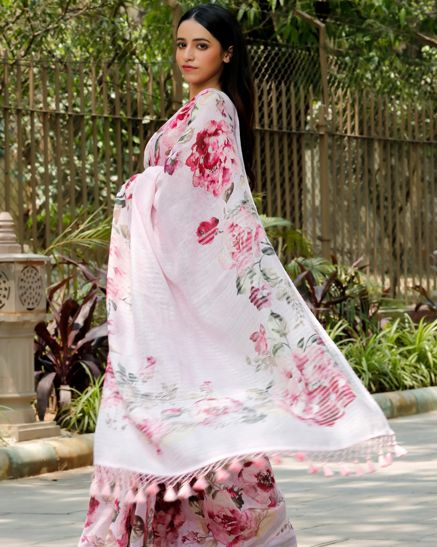Baby Pink - Pastel Floral Linen Saree