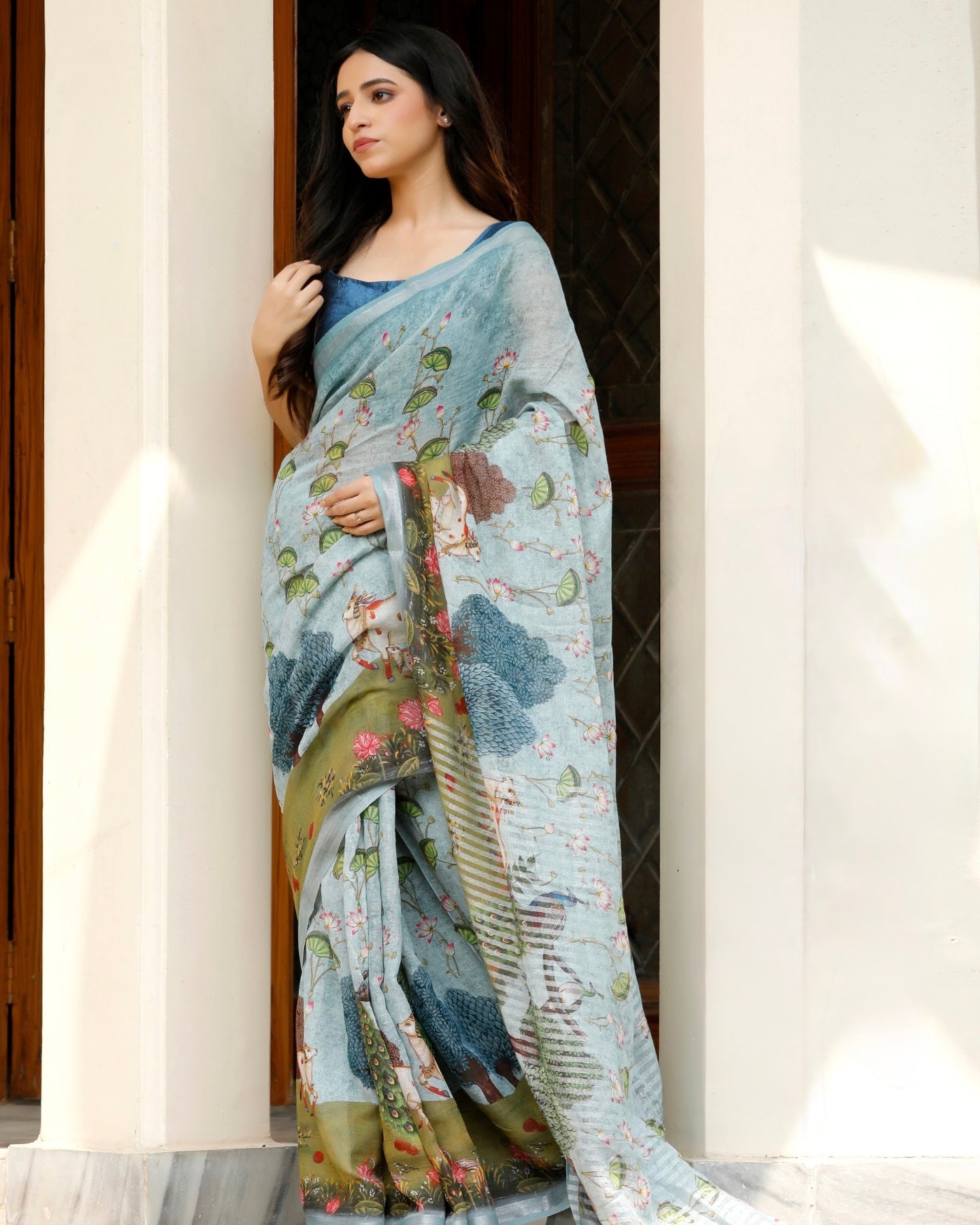 Smoky Blue Pichwai Floral Linen Saree