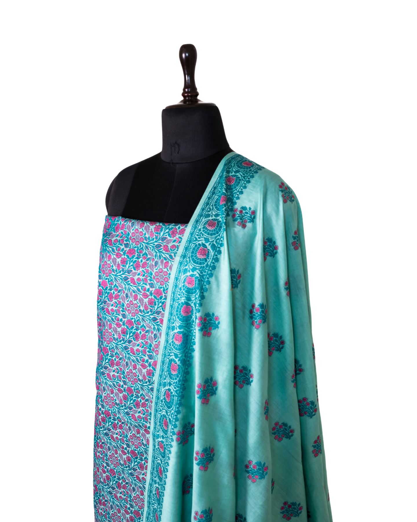 Turquoise Banarasi Chiniya Silk 3-Piece Suit Set with Jaamdani weaving