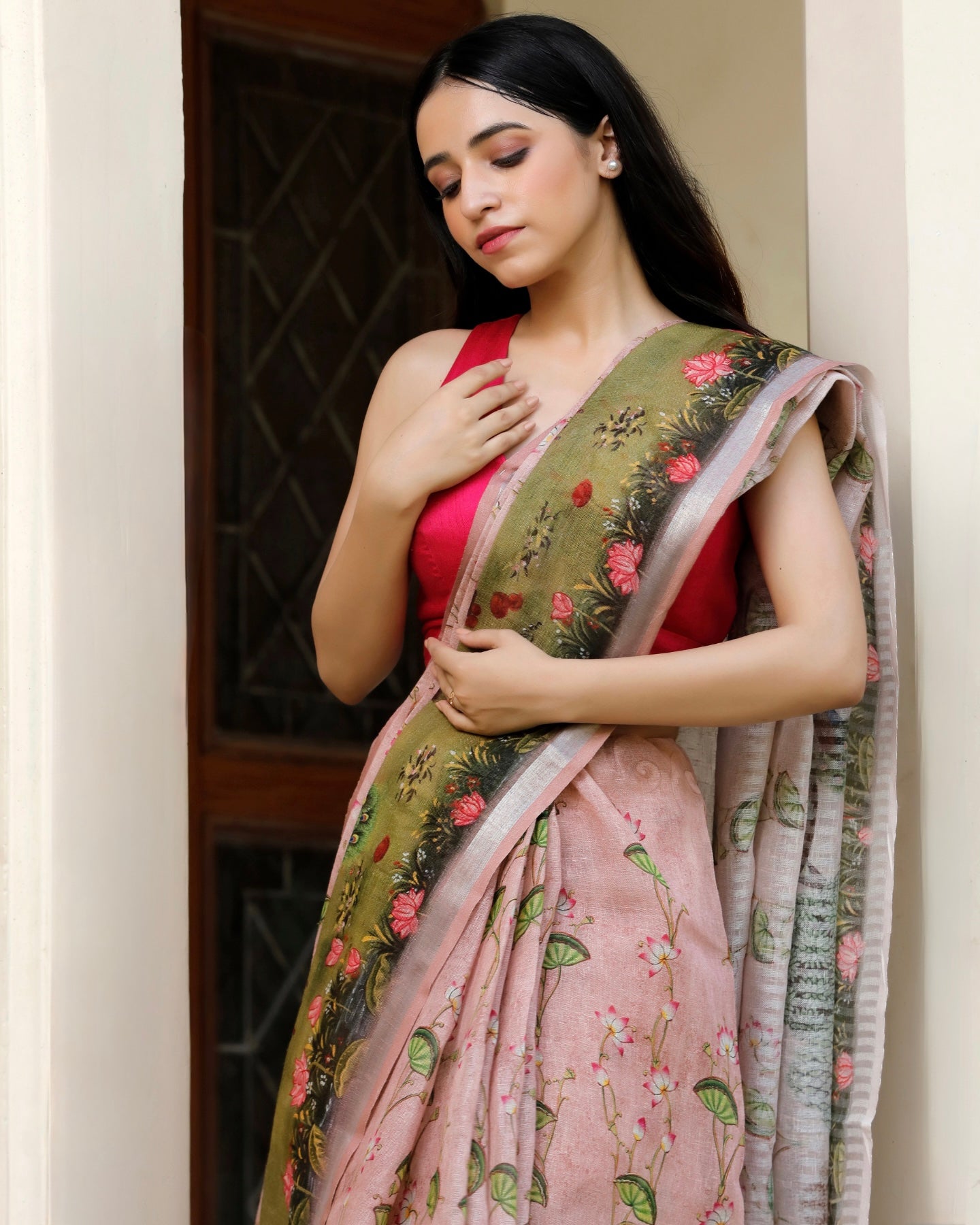 Baby Pink Pichwai Floral Linen Saree