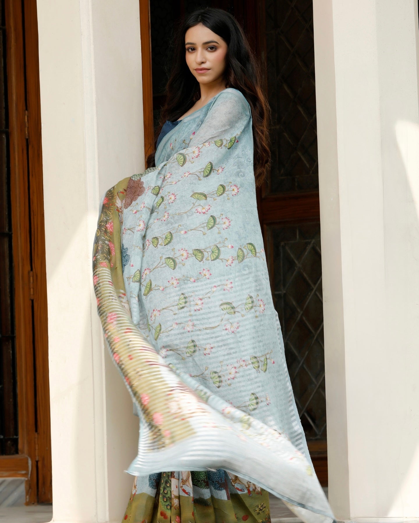 Smoky Blue Pichwai Floral Linen Saree