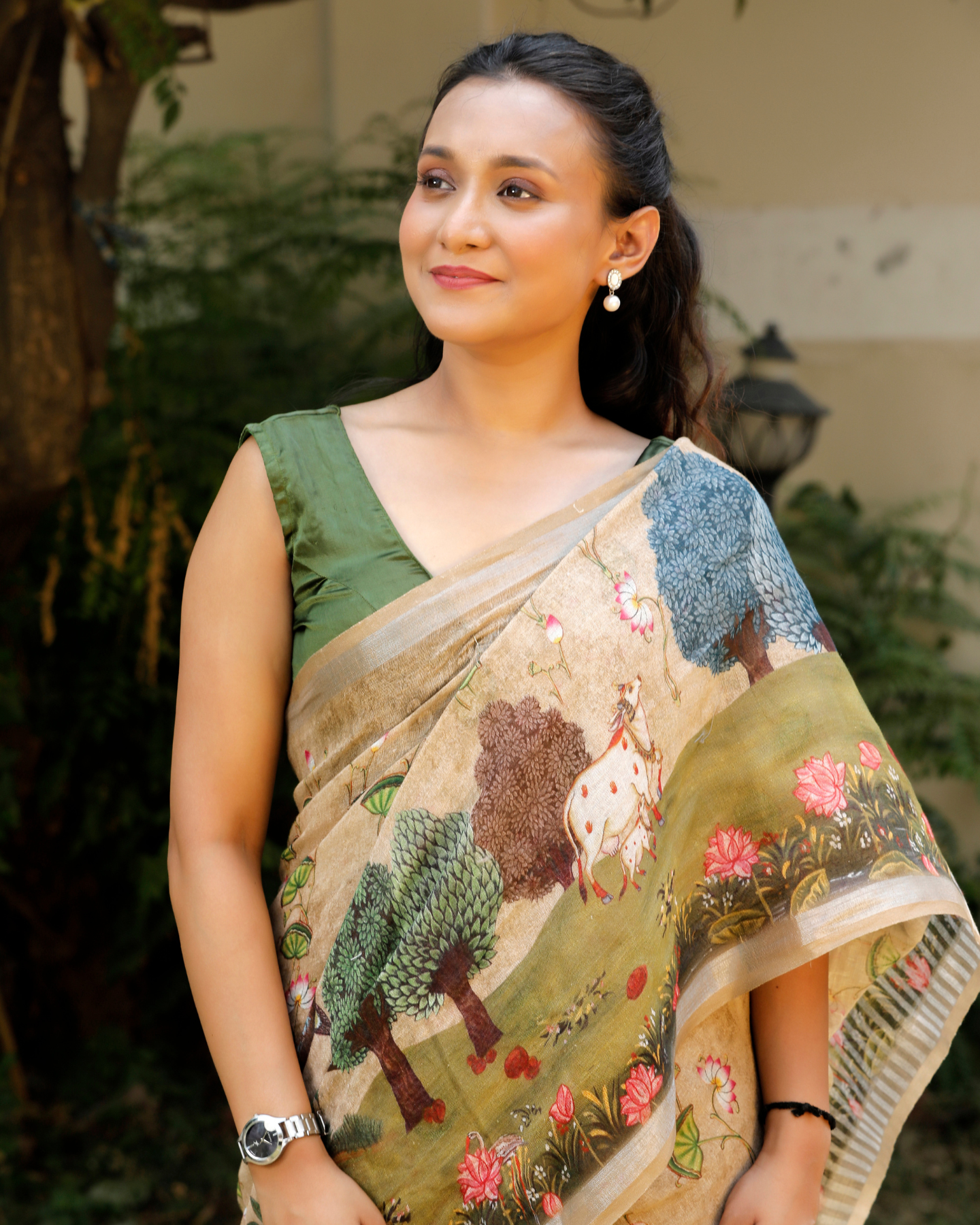 Olive Green Pichwai Floral Linen Saree