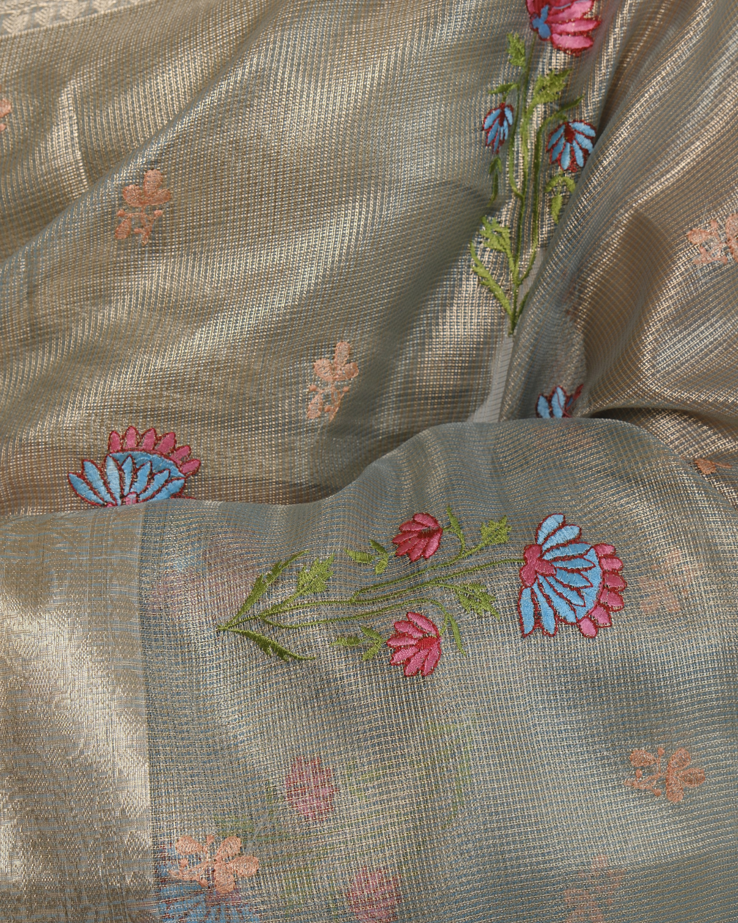 Aarna - Smokey blue Kota Tissue Silk Saree