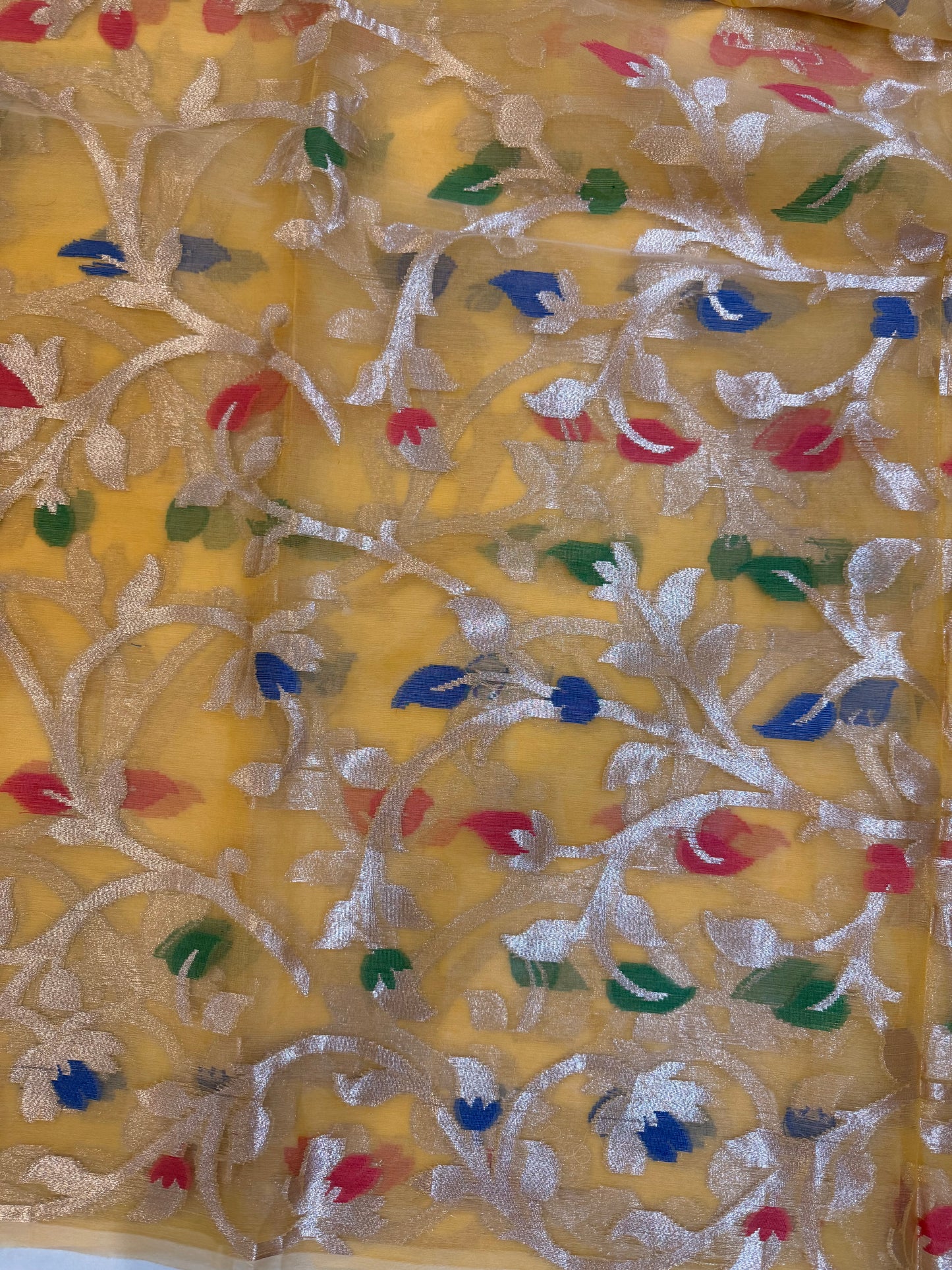 Yellow Banarasi Organza Silk Jaal Weaving Saree