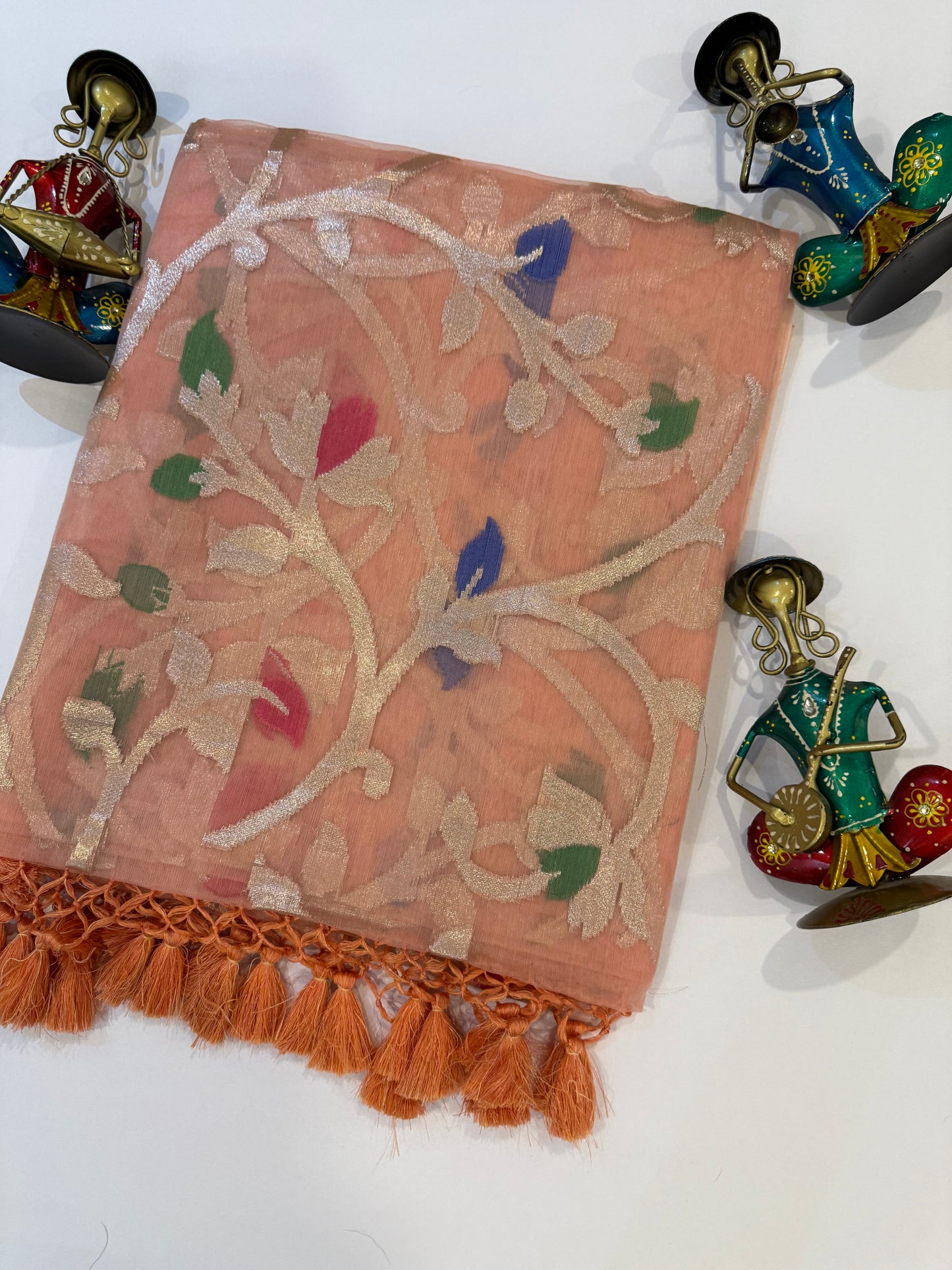 Peach Banarasi Organza Silk Jaal Weaving Saree