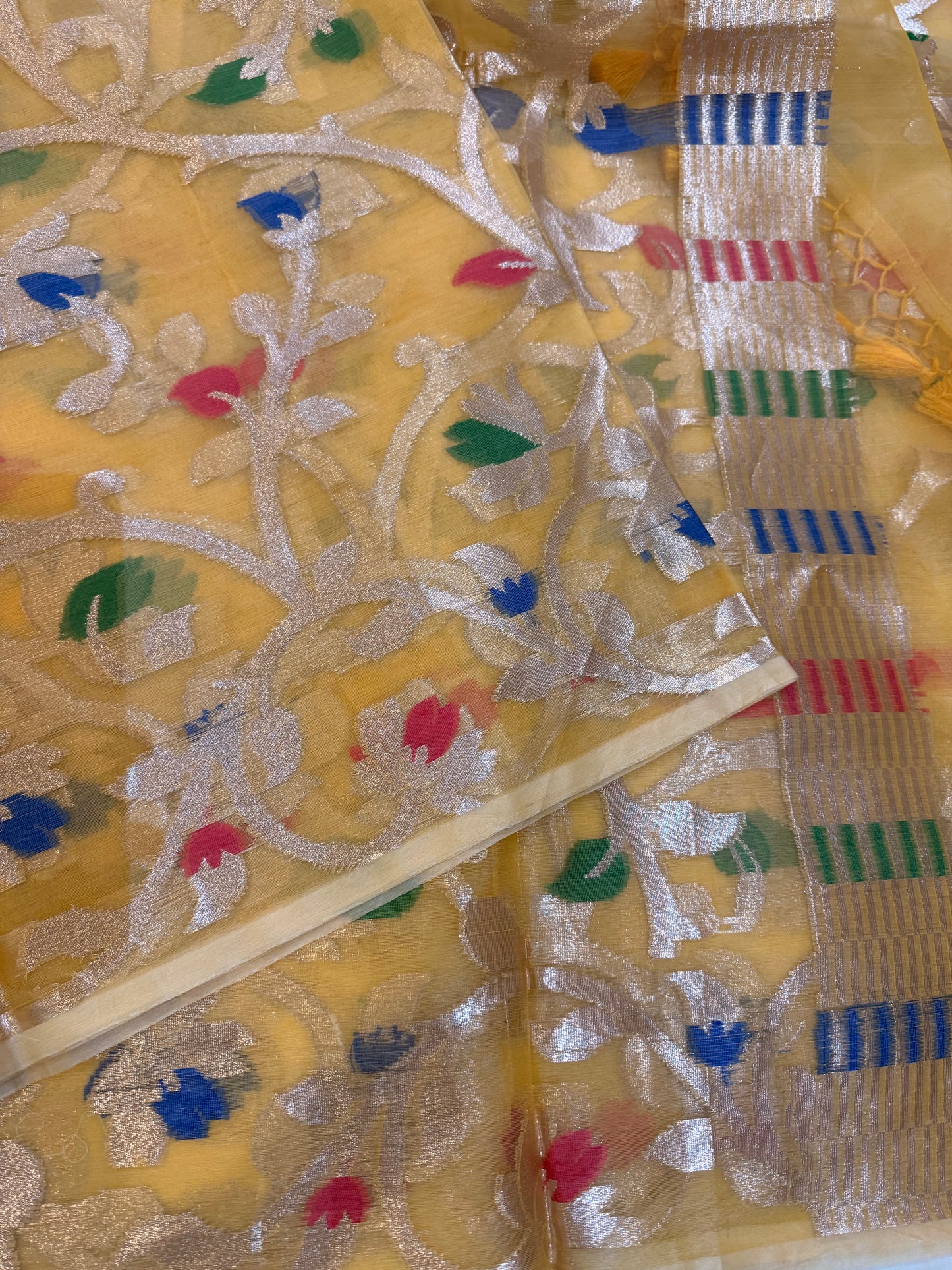 Yellow Banarasi Organza Silk Jaal Weaving Saree