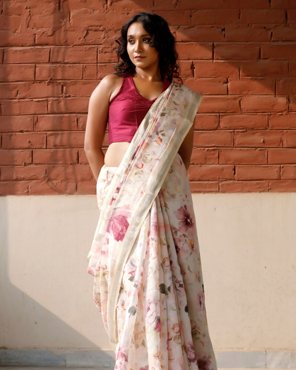 Light Yellow- Honeycomb Floral Linen Saree
