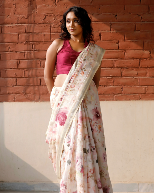 Light Yellow- Honeycomb Floral Linen Saree