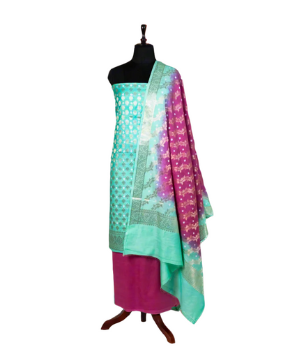 Aqua Blue Banarasi Chiniya Silk 3-Piece Suit Set with Bandhej print and Ombre Shaded dupatta