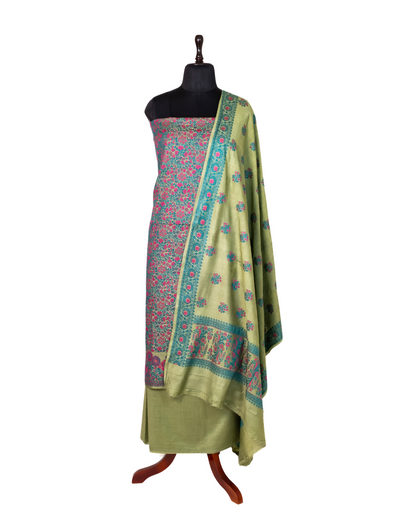 Dusky Green Banarasi Chiniya Silk 3-Piece Suit Set with Jaamdani weaving
