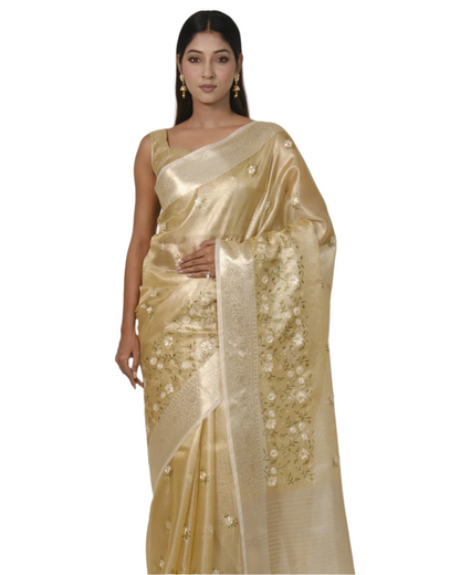 Advika - Tusser gold Pure Banarasi Kota Tissue Silk Saree