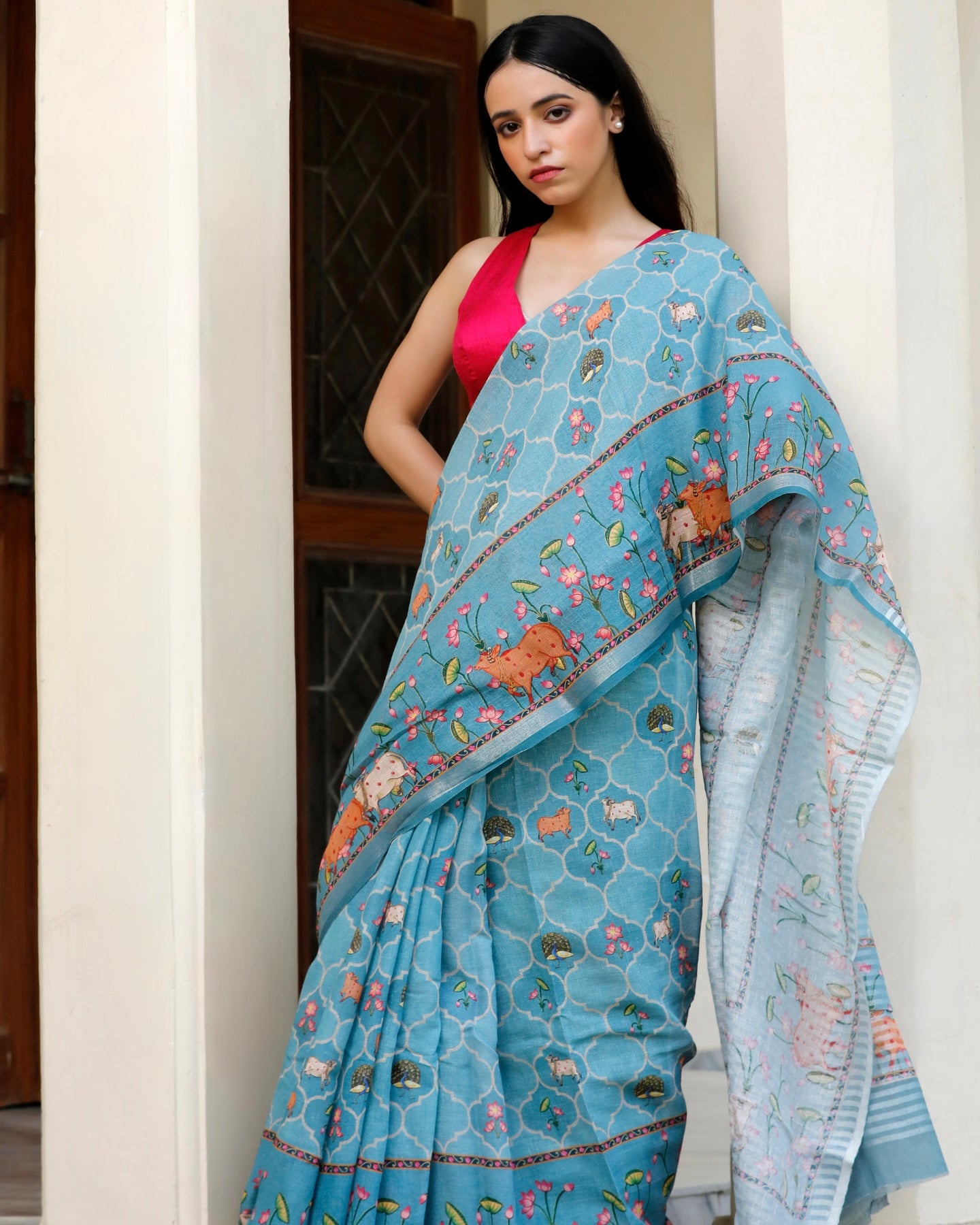 Sky Blue- Pichwai Art Linen Saree in Earthy Tones