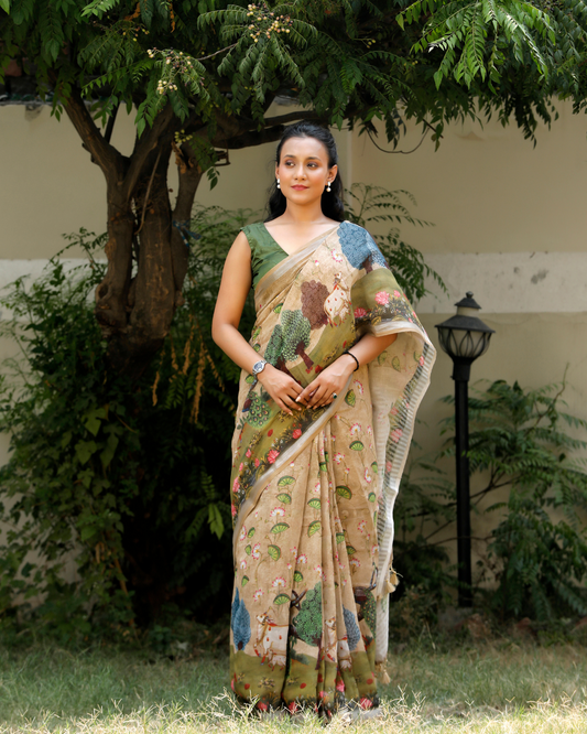 Olive Green Pichwai Floral Linen Saree