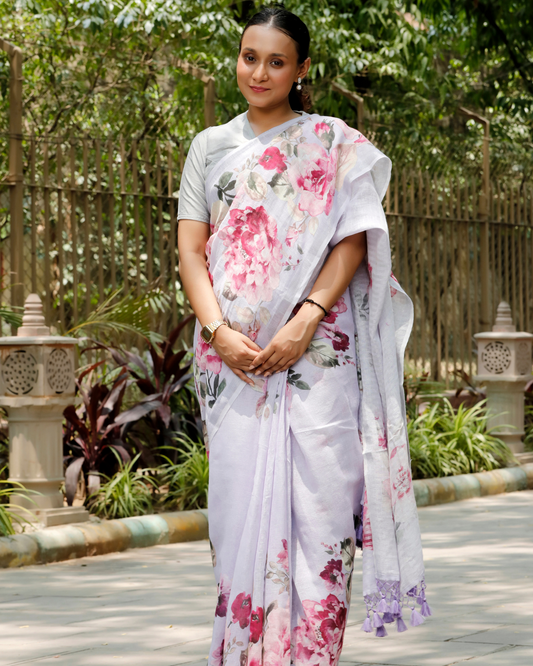 Lavender - Pastel Floral Linen Saree
