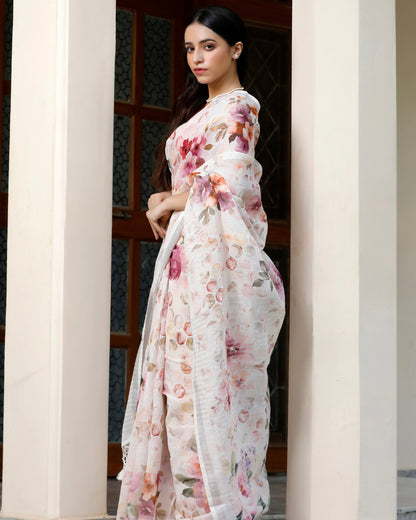 White - Honeycomb Floral Linen Saree