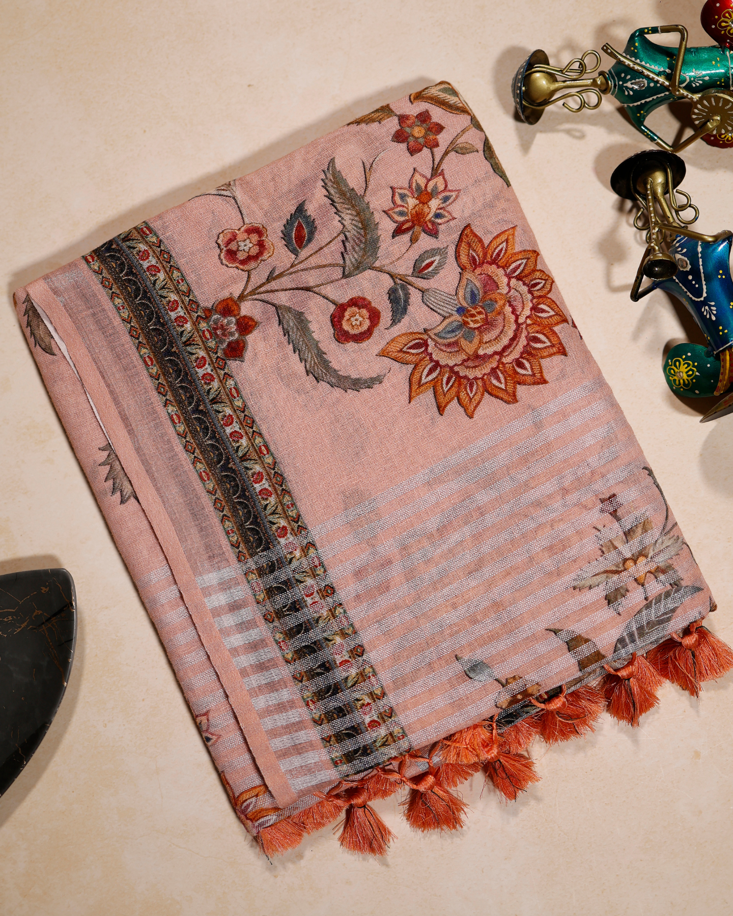 Peach - Floral Linen Saree in Soft Pastels