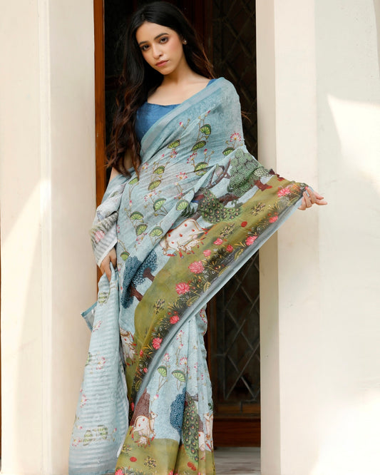 Smoky Blue Pichwai Floral Linen Saree
