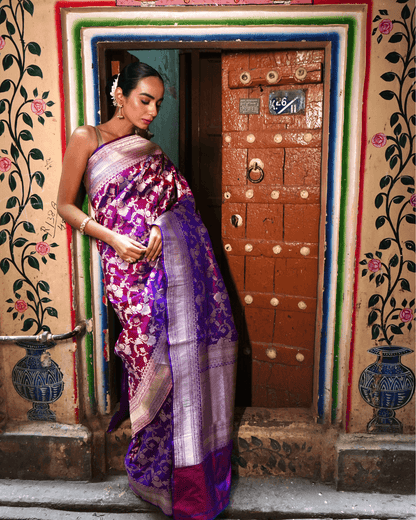 Shaivi - Dhoop-Chao Violet Pure Banarasi Katan Silk Saree