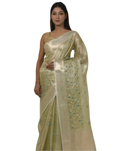 Advika - Pastel Green Banarasi Kota Tissue Silk Saree