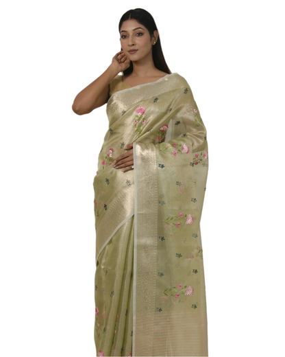 Aarna - Pista green Banarasi Kota Tissue Silk Saree