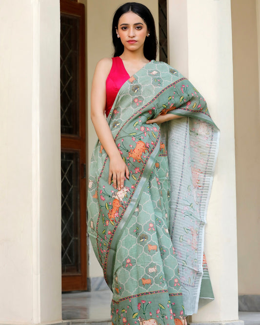 Leaf Green- Pichwai Art Linen Saree in Earthy Tones