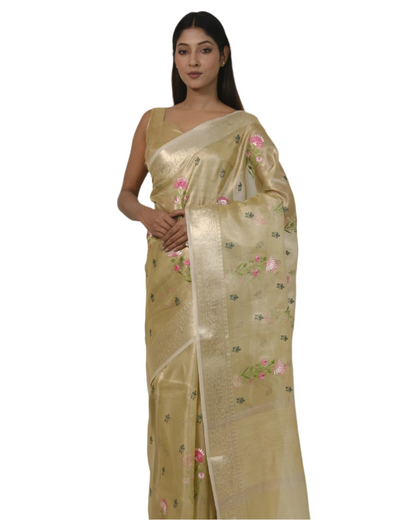 Aarna - Pista Green Banarasi Kota Tissue Silk Saree