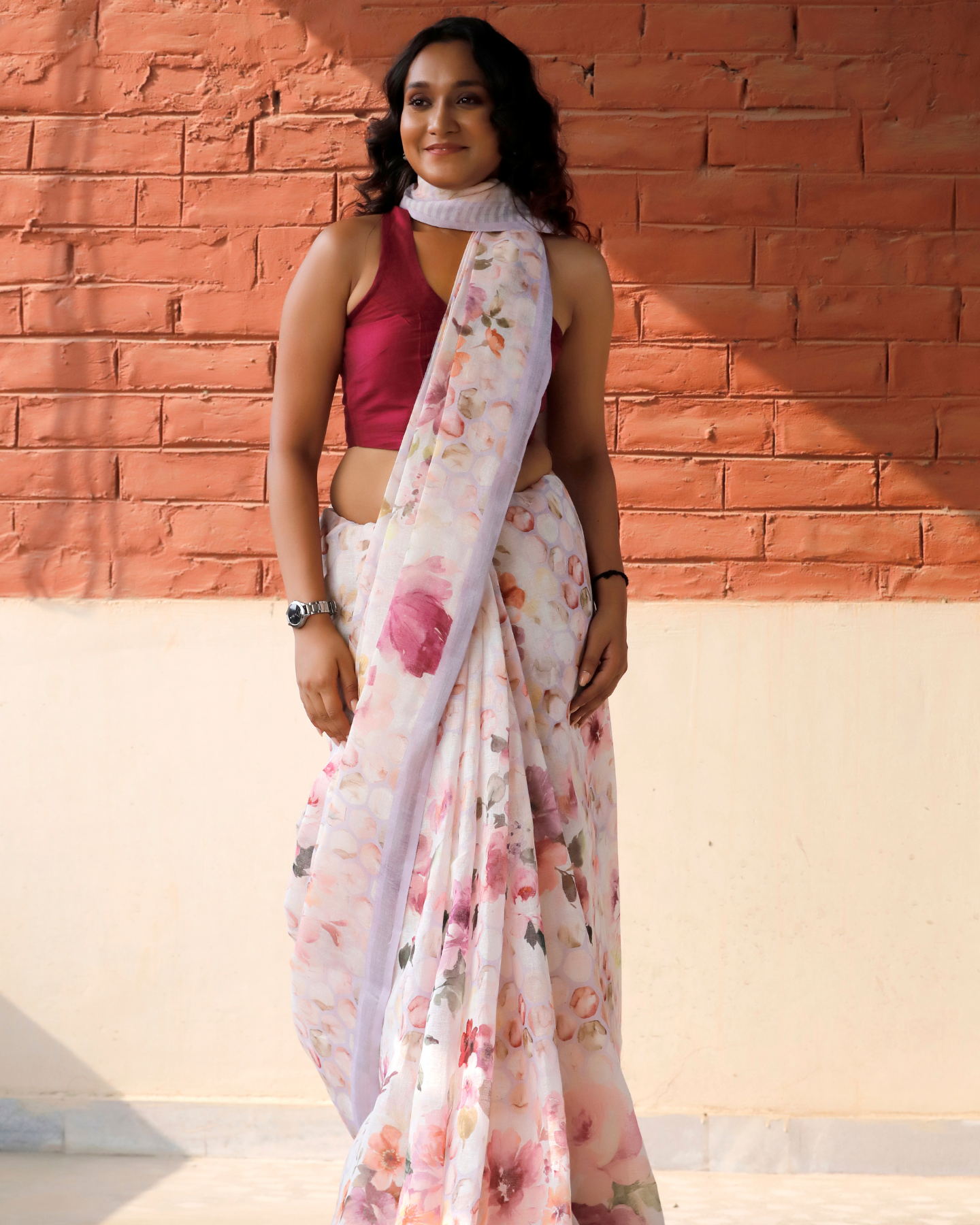 Lavender - Honeycomb Floral Linen Saree