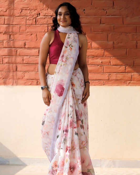 Lavender - Honeycomb Floral Linen Saree