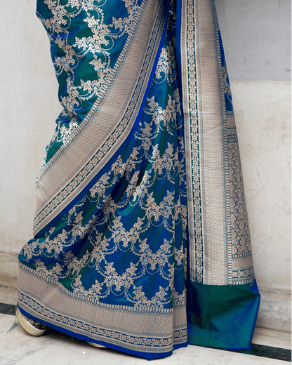 Shreeya - Dhoop-Chao Blue Green Pure Banarasi Katan Silk Saree