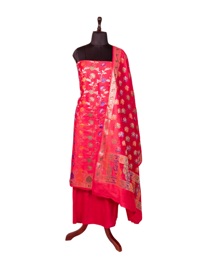 Light Red Banarasi Chiniya Silk 3-Piece Suit Set with Meenakari Jaal Weaving