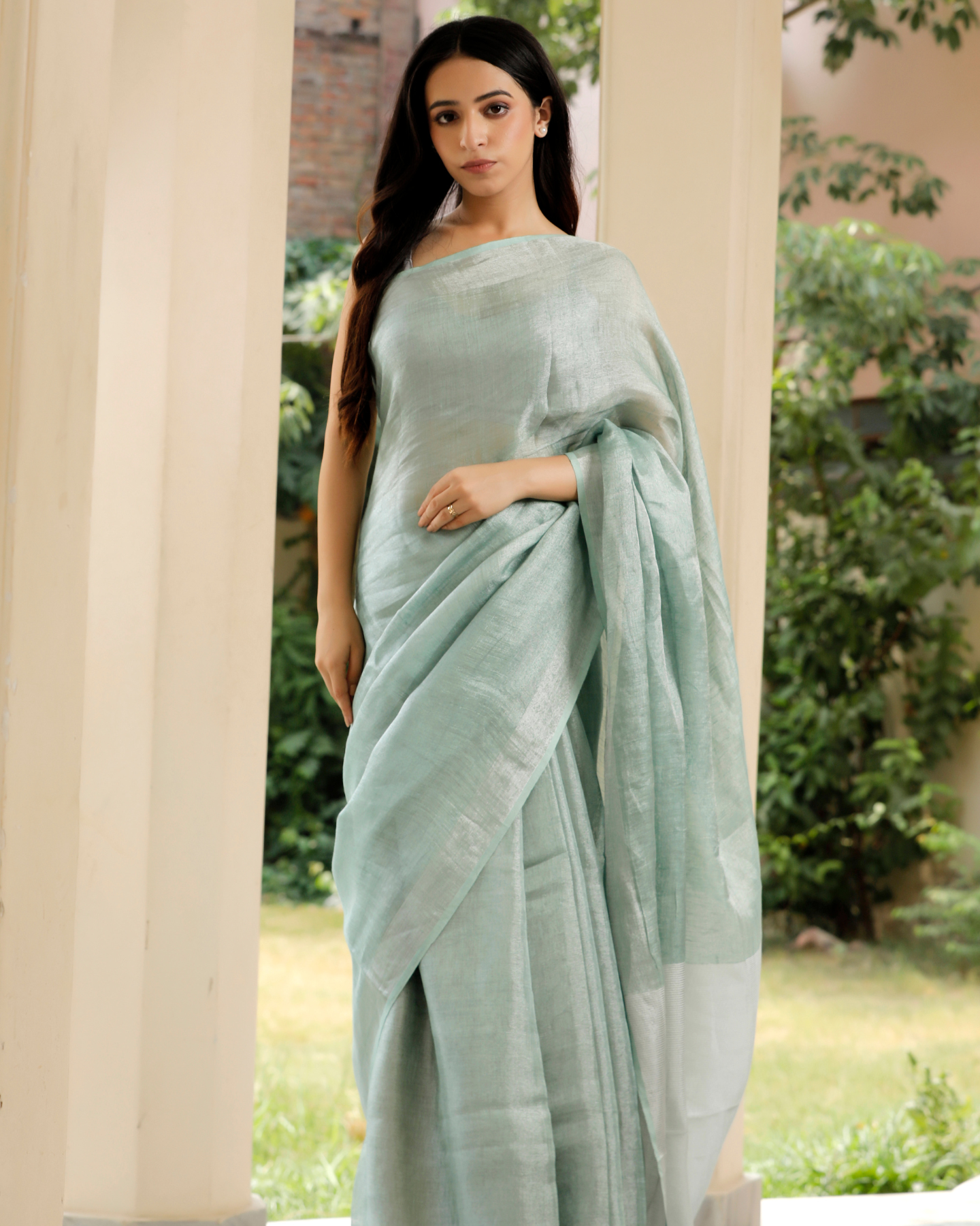 Aqua Blue Linen - Tissue Saree