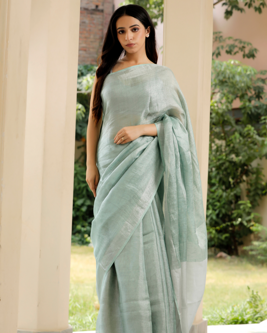 Aqua Blue Linen - Tissue Saree