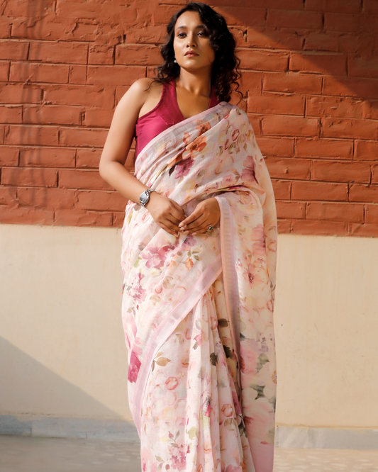 Baby Pink - Honeycomb Floral Linen Saree