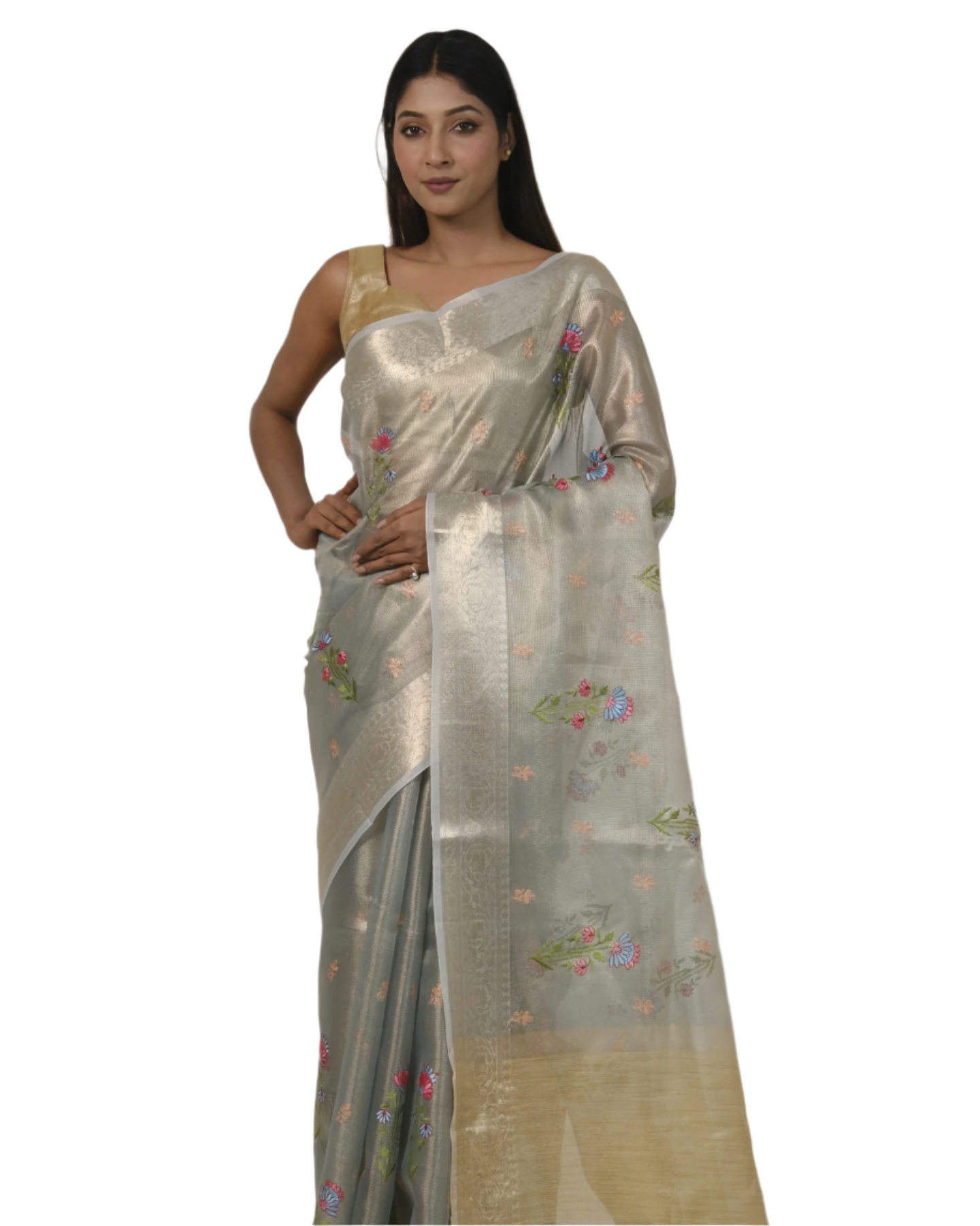 Aarna - Smokey blue Kota Tissue Silk Saree