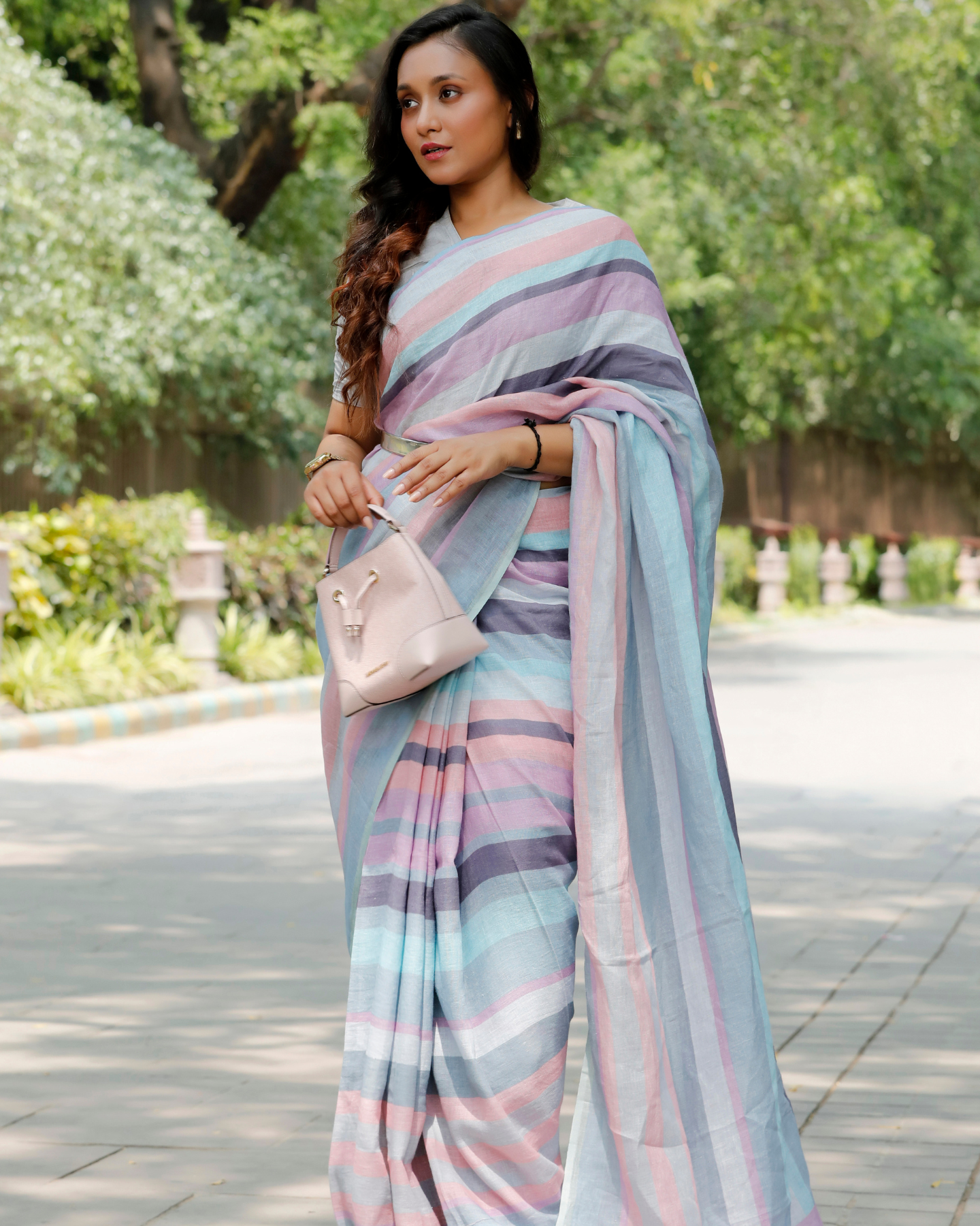 Multicolour Striped Linen Saree