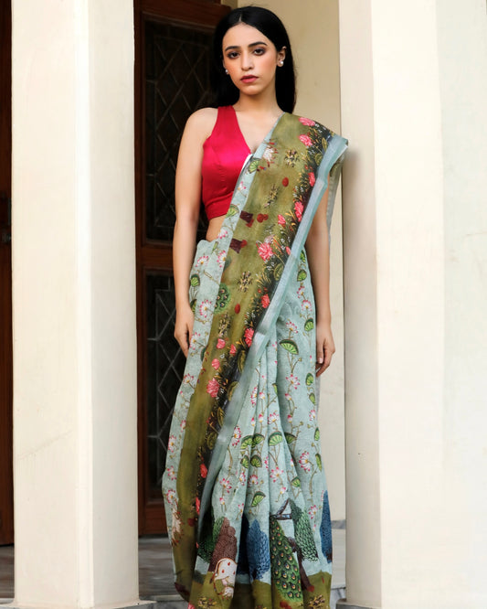 Sky Blue Pichwai Floral Linen Saree