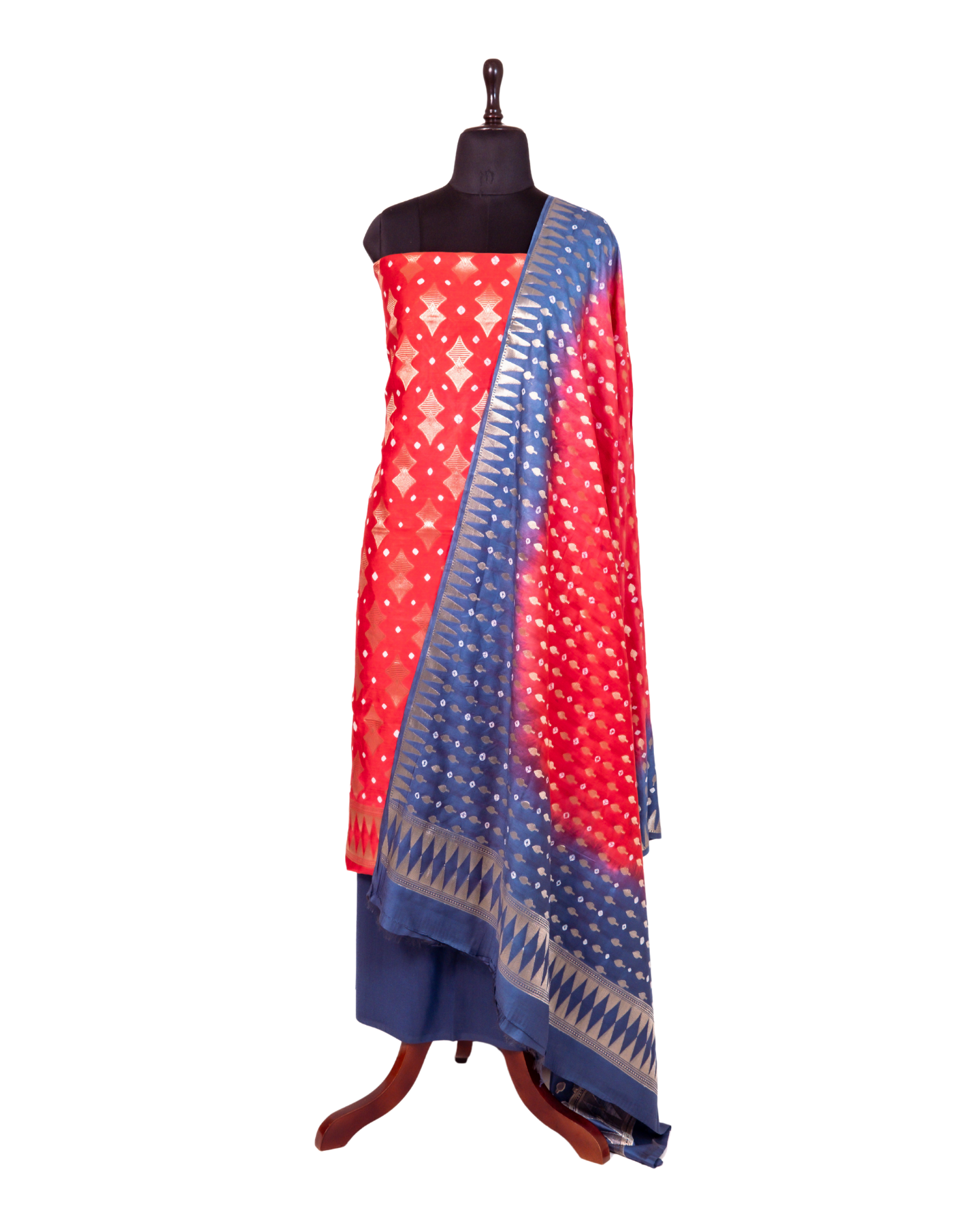 Carrot Red  Banarasi Chiniya Silk 3-Piece Suit Set with Bandhej pattern and Ombre Shaded Dupatta