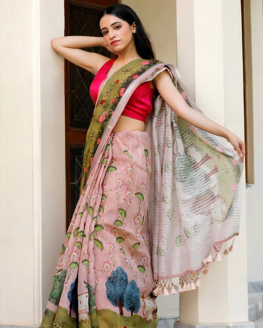 Baby Pink Pichwai Floral Linen Saree