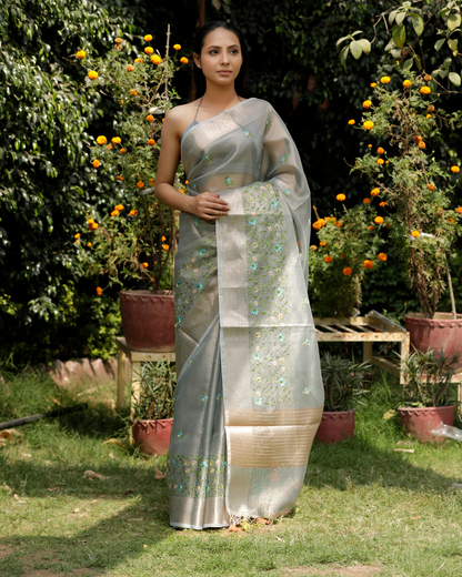 Advika - Ice Blue Pure Banarasi Kota Tissue Silk Saree